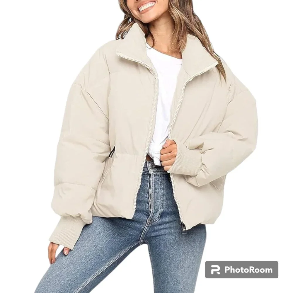 MEROKEETY Womens Winter Long Sleeve Zip Puffer Baggy Short Down Coat S Beige NWT